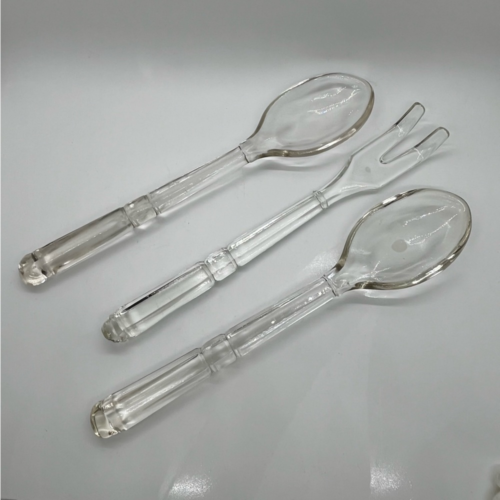 Vintage Midcentury Glass Serveware Utensil Set, Salad Fork (1) Spoon (2)